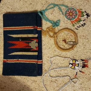 Vintage handbag and 2 Indian beaded necklace with leather back.